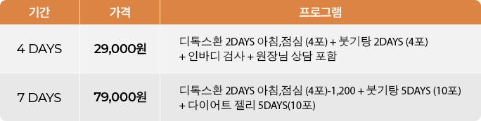 디톡스 핏 비용 및 구성 표